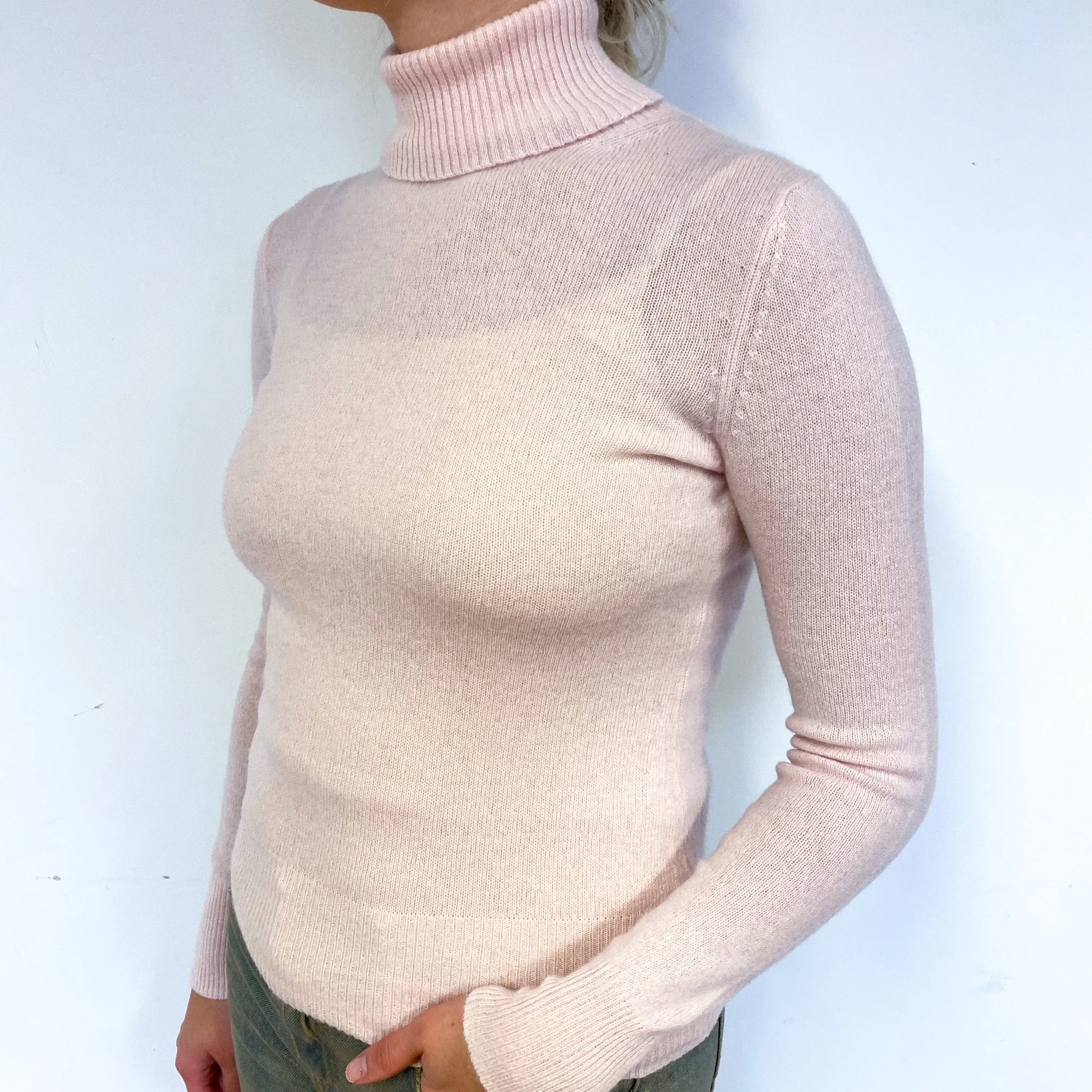 Shell Pink Lightweight Cashmere Polo Neck Jumper Small