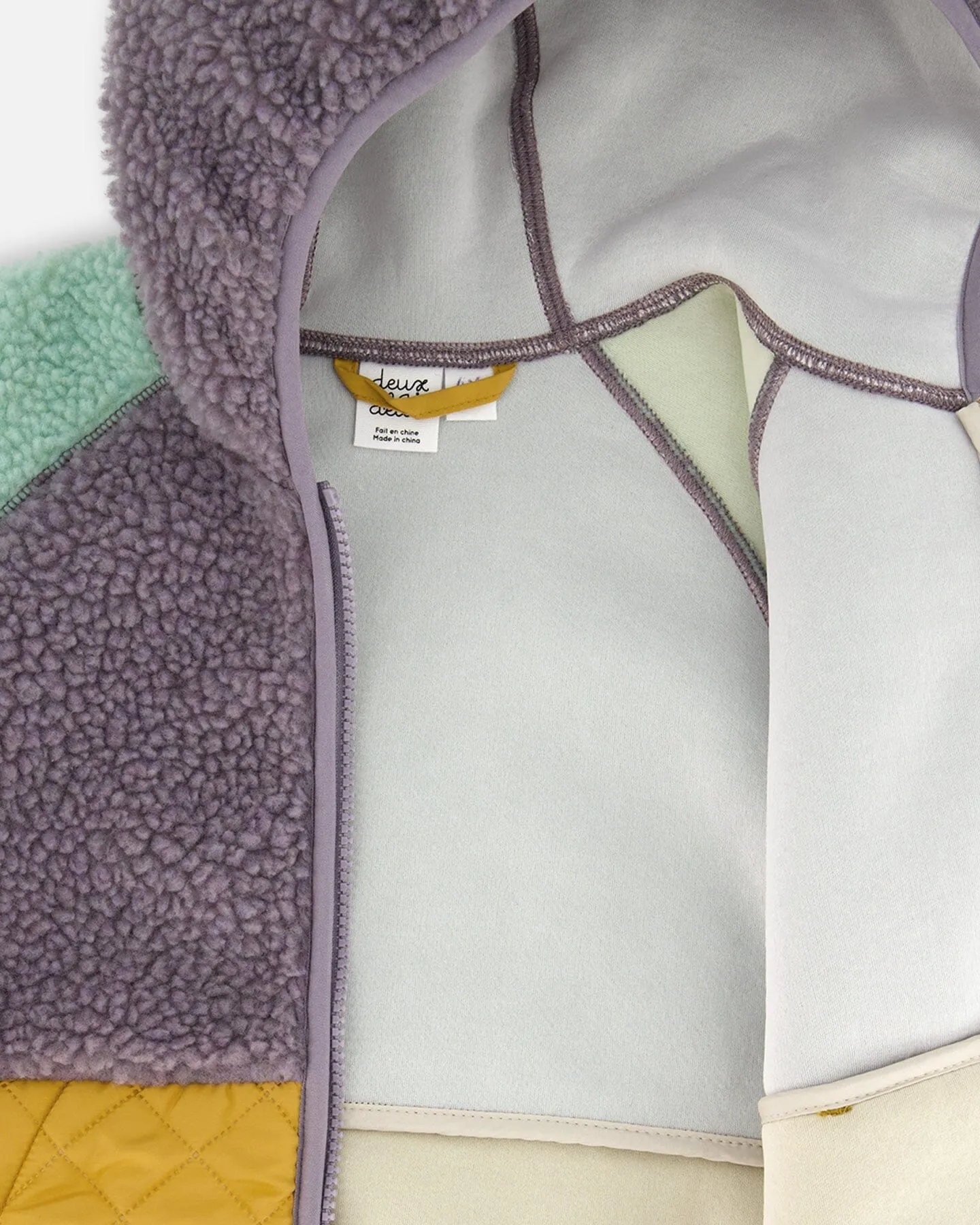 Sherpa Mid-Season Colorblock Jacket Lilac, Pale Turquoise, And Yellow