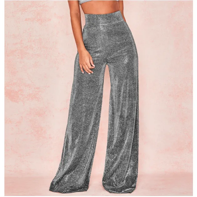 Silver Glitter High Waist Wide Leg Pants