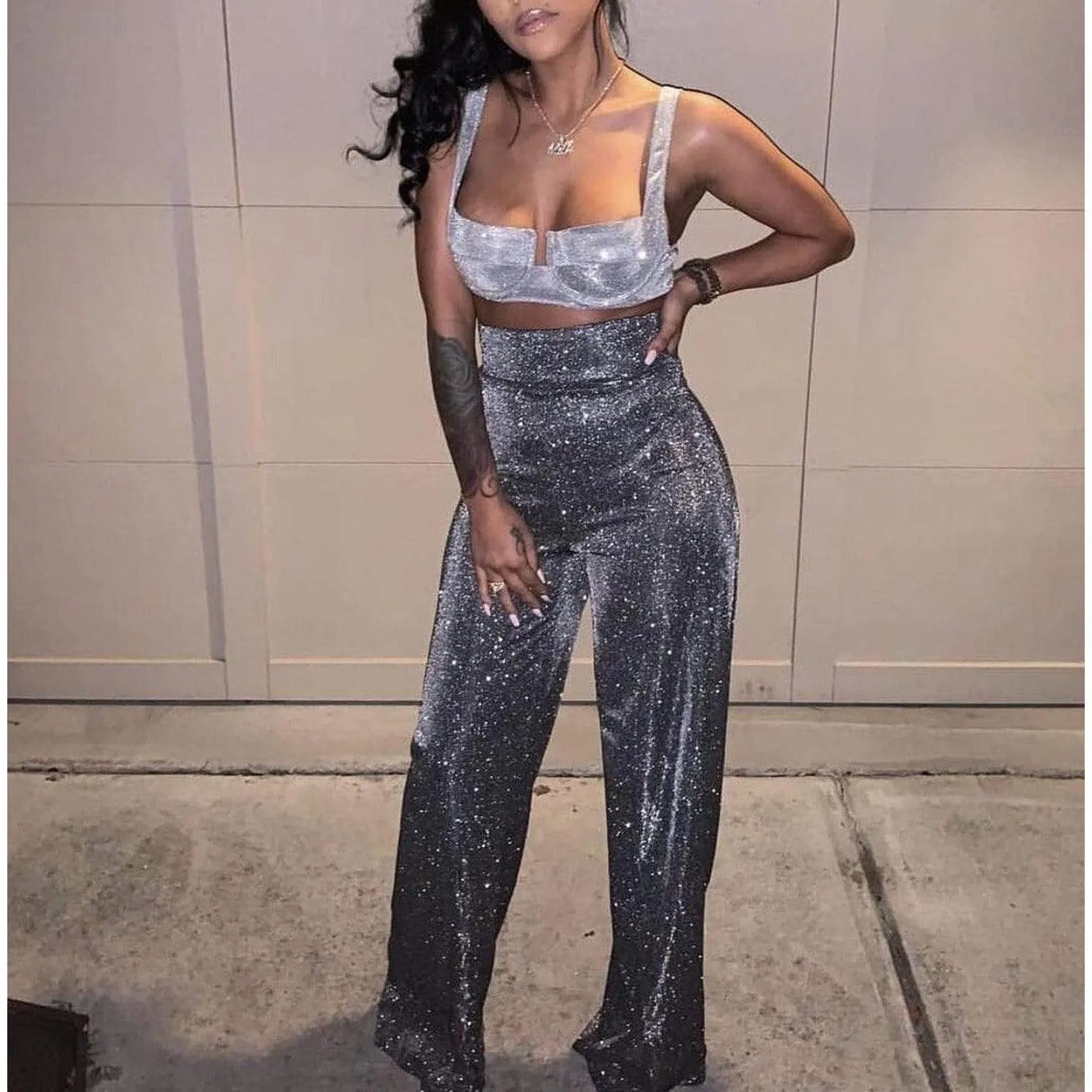 Silver Glitter High Waist Wide Leg Pants