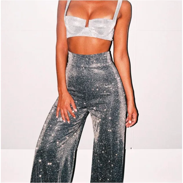 Silver Glitter High Waist Wide Leg Pants