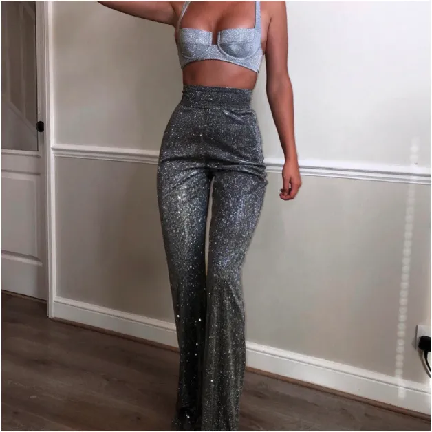 Silver Glitter High Waist Wide Leg Pants