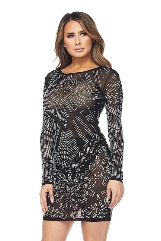 Sparkling Scoop Long Sleeve Dress with Rhinestones