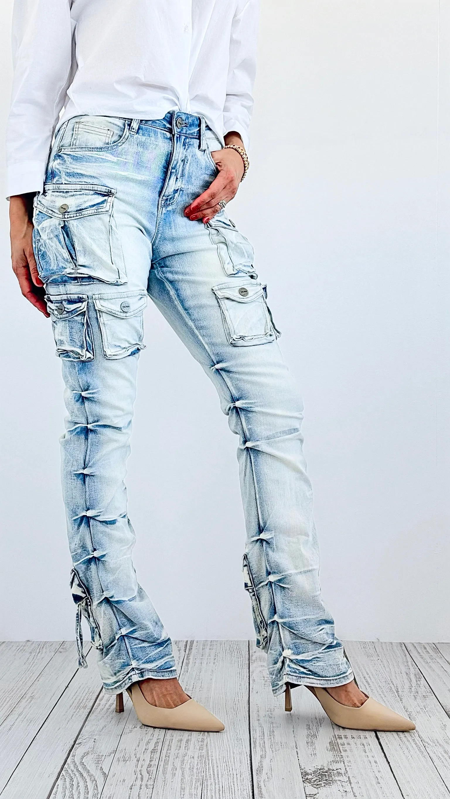Street Style Cargo Denim Pants - Light Washed Denim