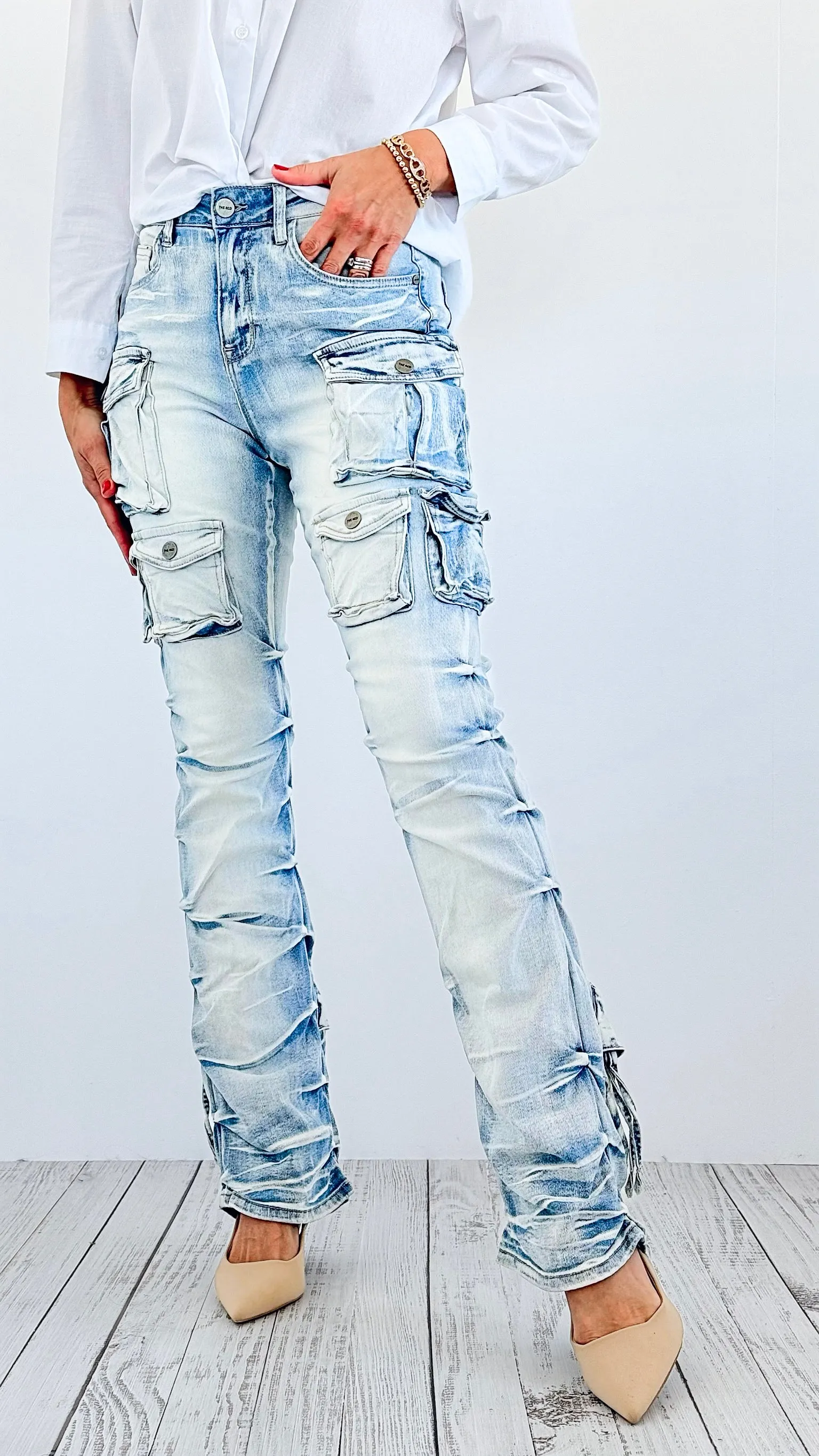 Street Style Cargo Denim Pants - Light Washed Denim