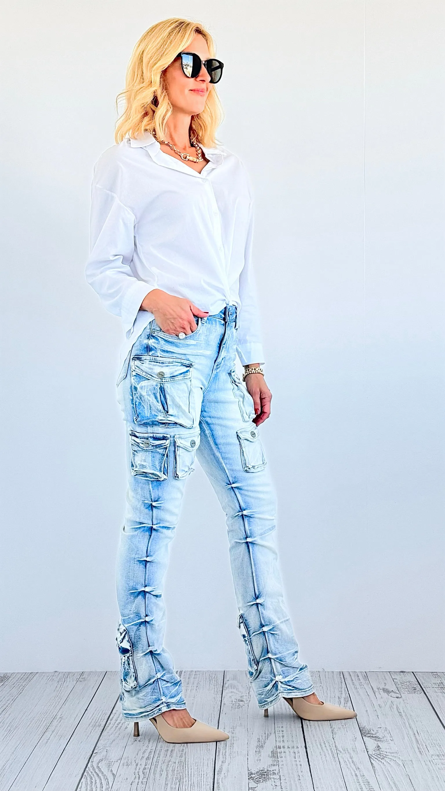Street Style Cargo Denim Pants - Light Washed Denim