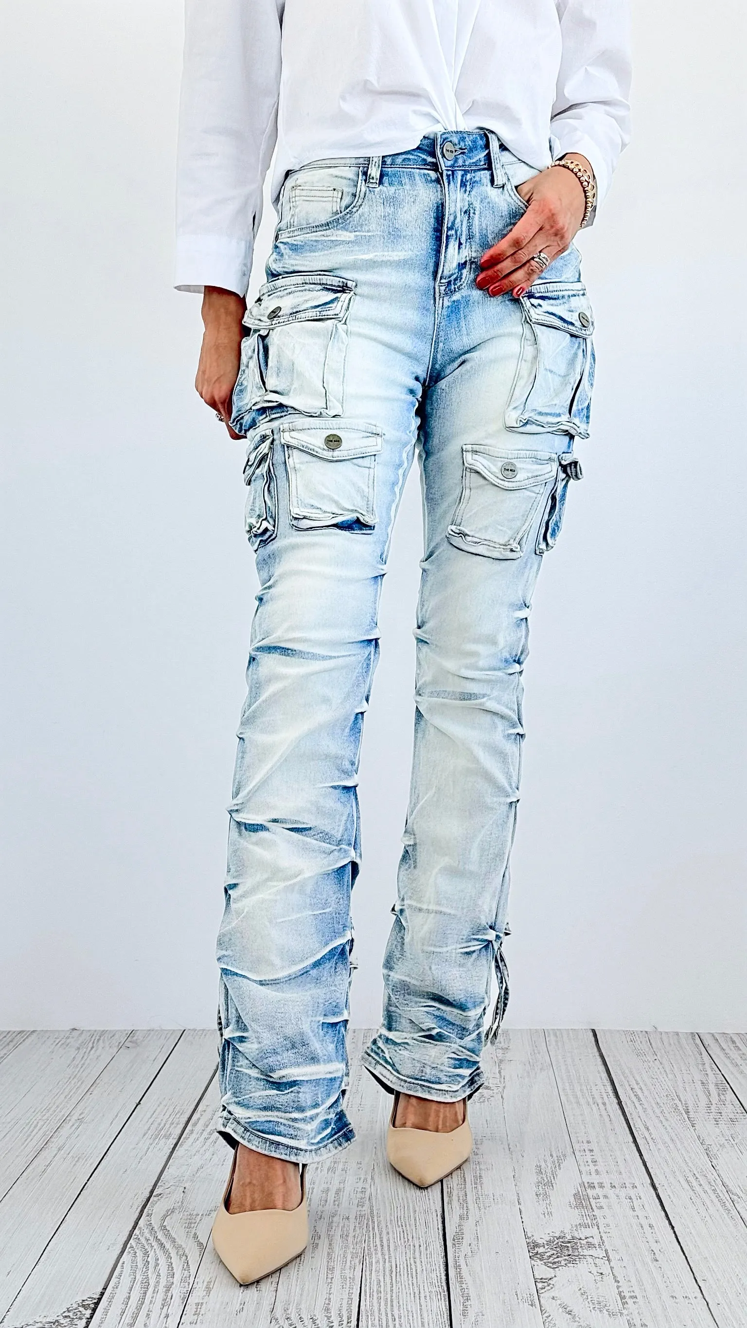 Street Style Cargo Denim Pants - Light Washed Denim
