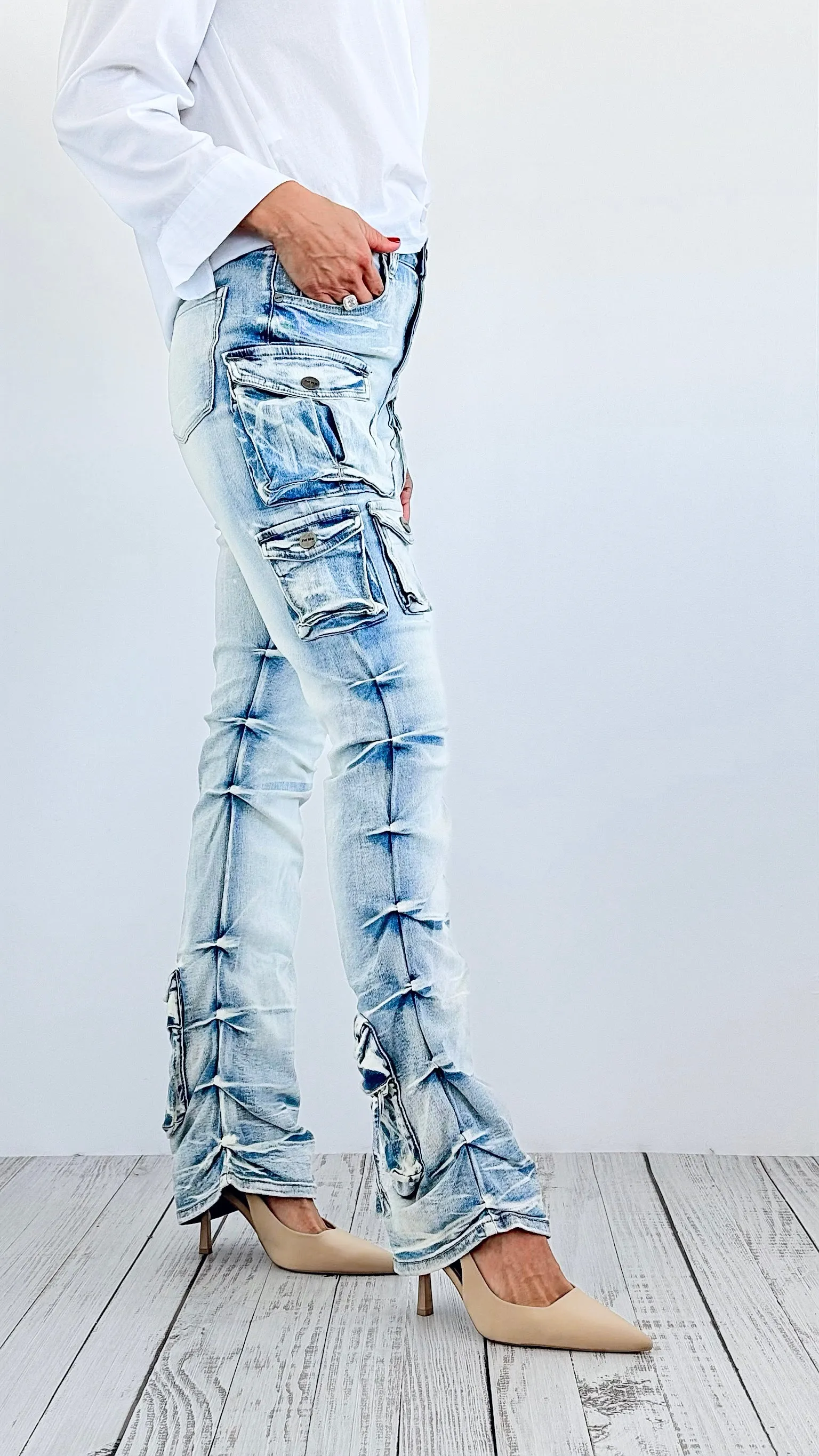 Street Style Cargo Denim Pants - Light Washed Denim