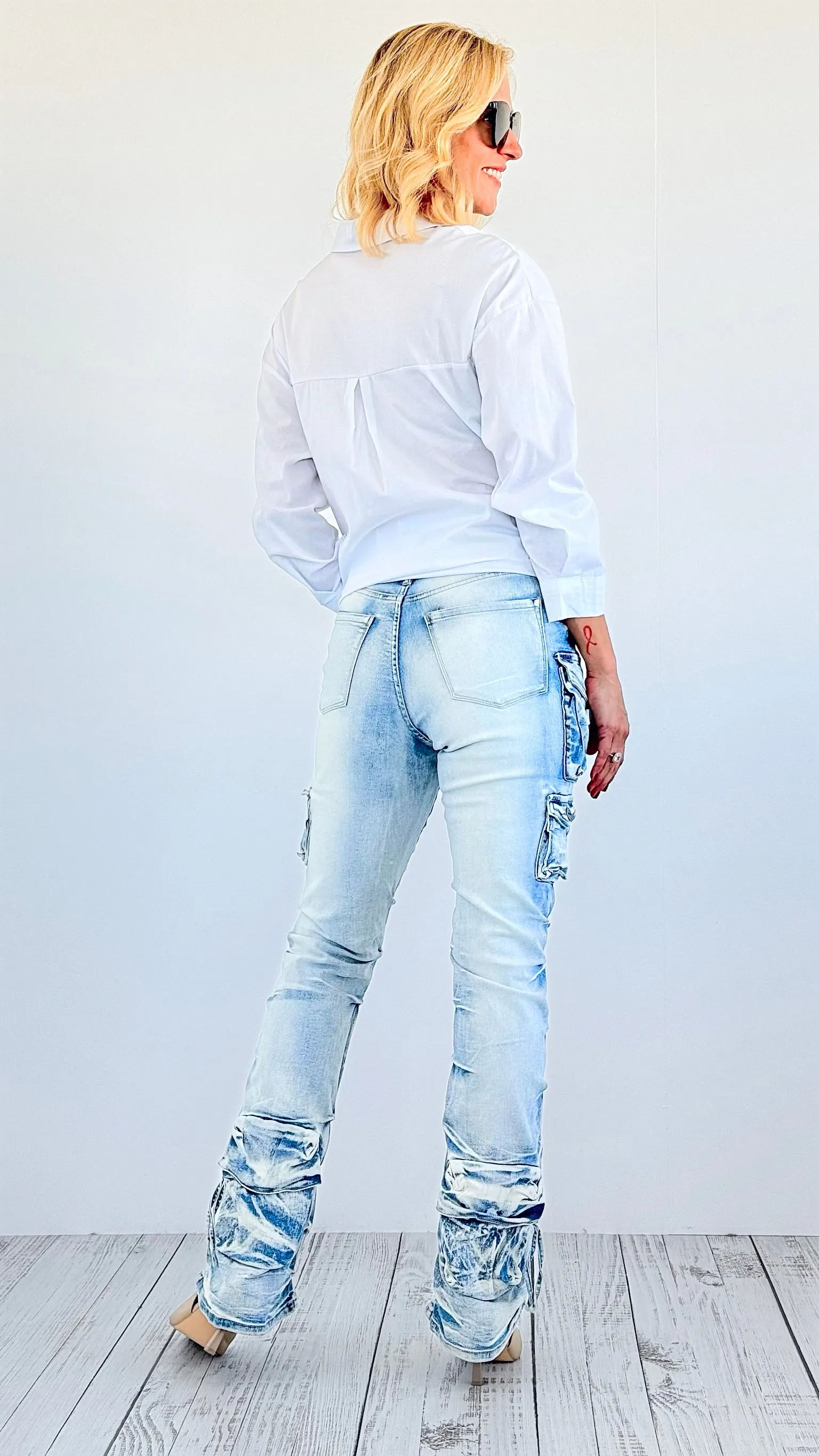 Street Style Cargo Denim Pants - Light Washed Denim