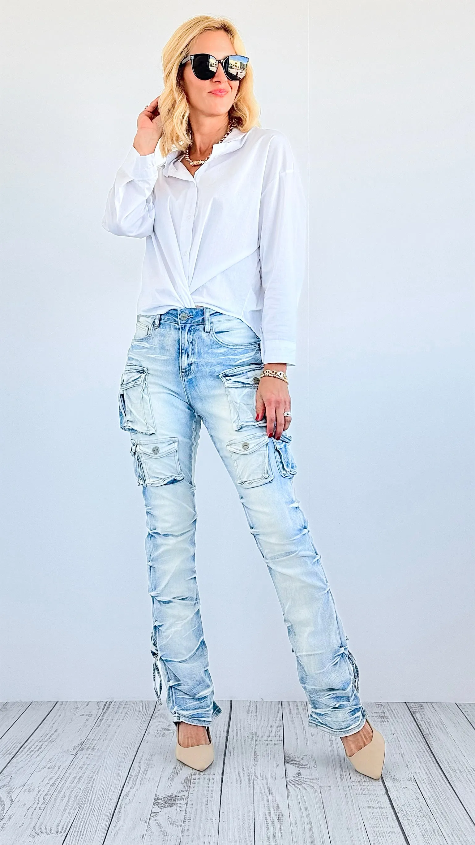 Street Style Cargo Denim Pants - Light Washed Denim