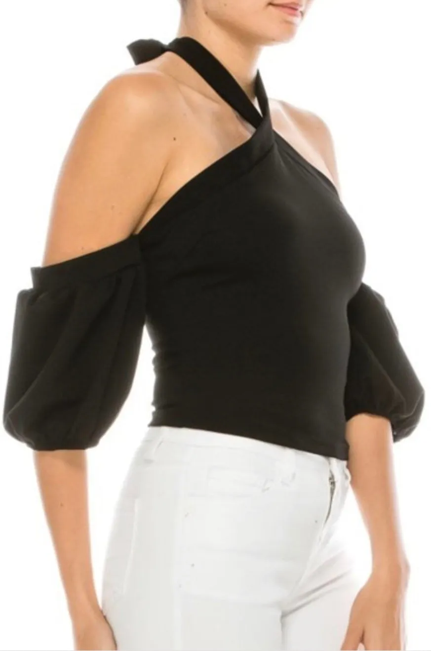 SUMMER AIR Cold Shoulder Bell Puff Sleeve Top