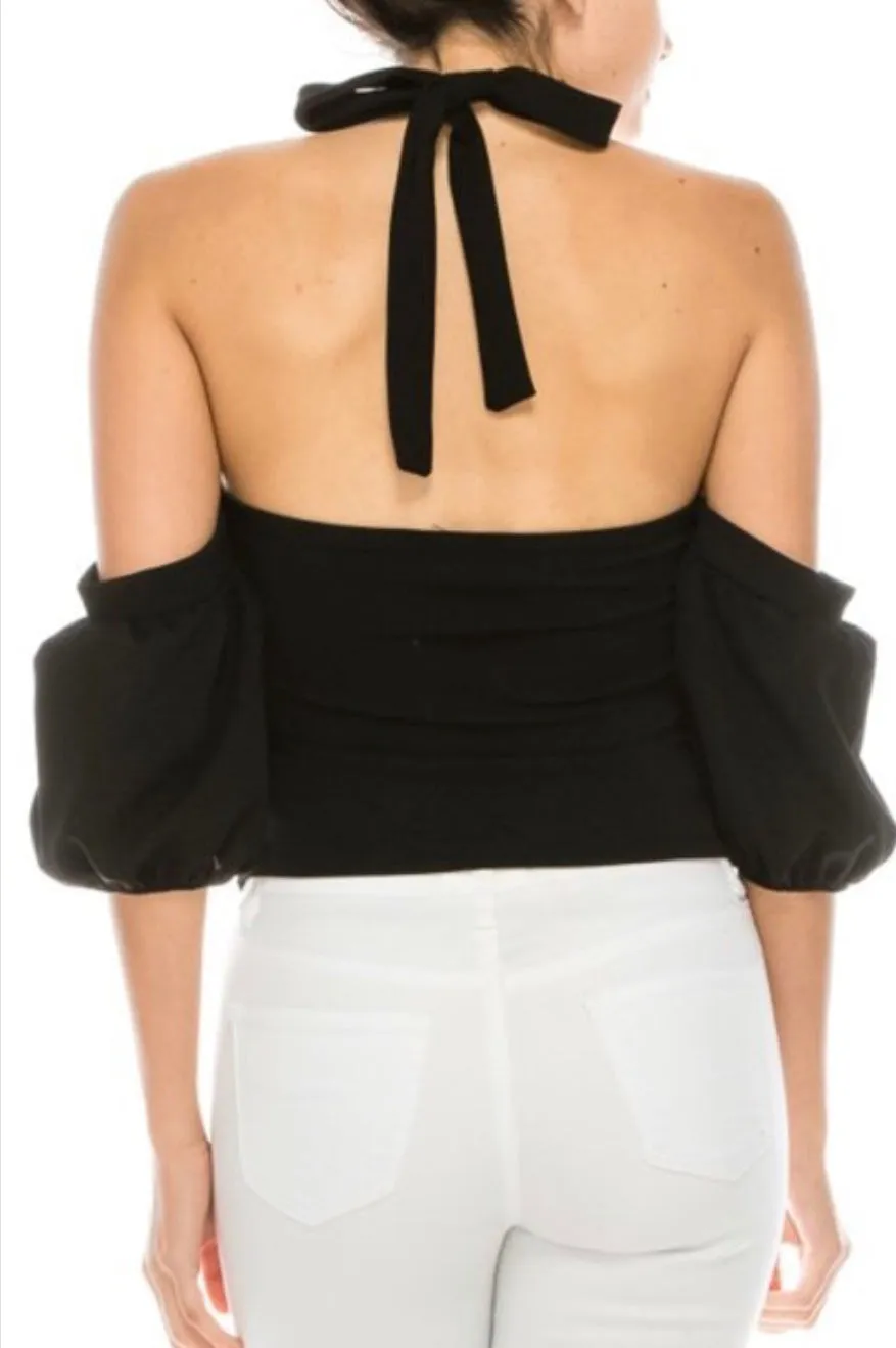 SUMMER AIR Cold Shoulder Bell Puff Sleeve Top
