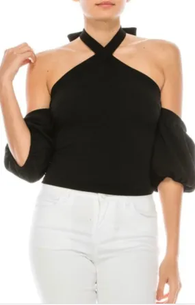 SUMMER AIR Cold Shoulder Bell Puff Sleeve Top