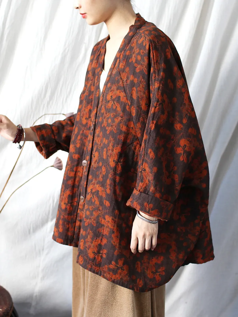 Women Vintage Floral Loose Batwing Sleece Jacket