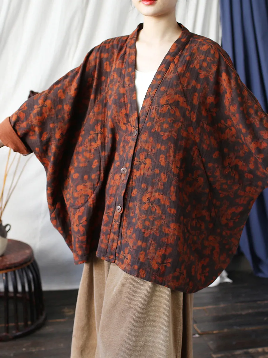 Women Vintage Floral Loose Batwing Sleece Jacket