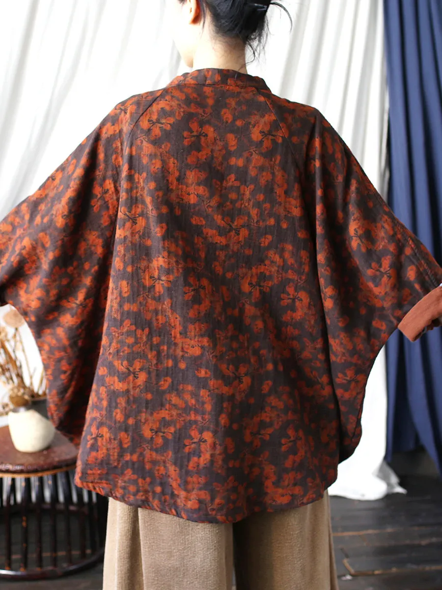 Women Vintage Floral Loose Batwing Sleece Jacket