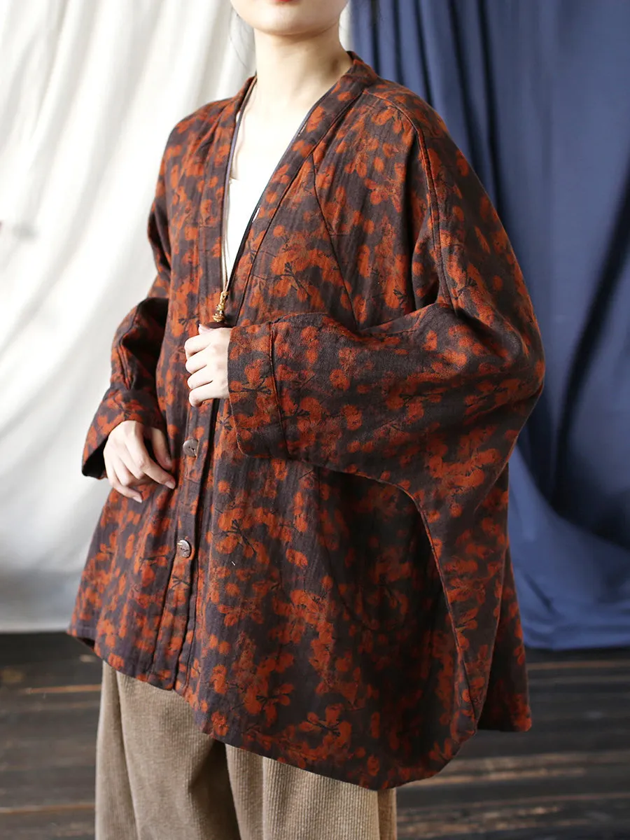 Women Vintage Floral Loose Batwing Sleece Jacket