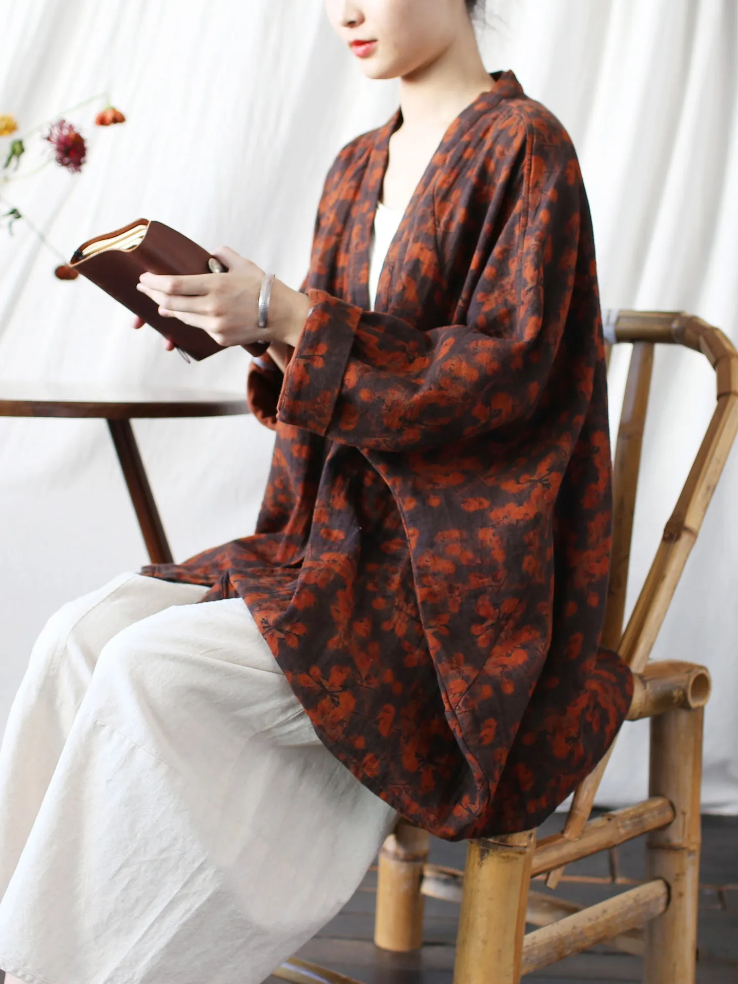 Women Vintage Floral Loose Batwing Sleece Jacket