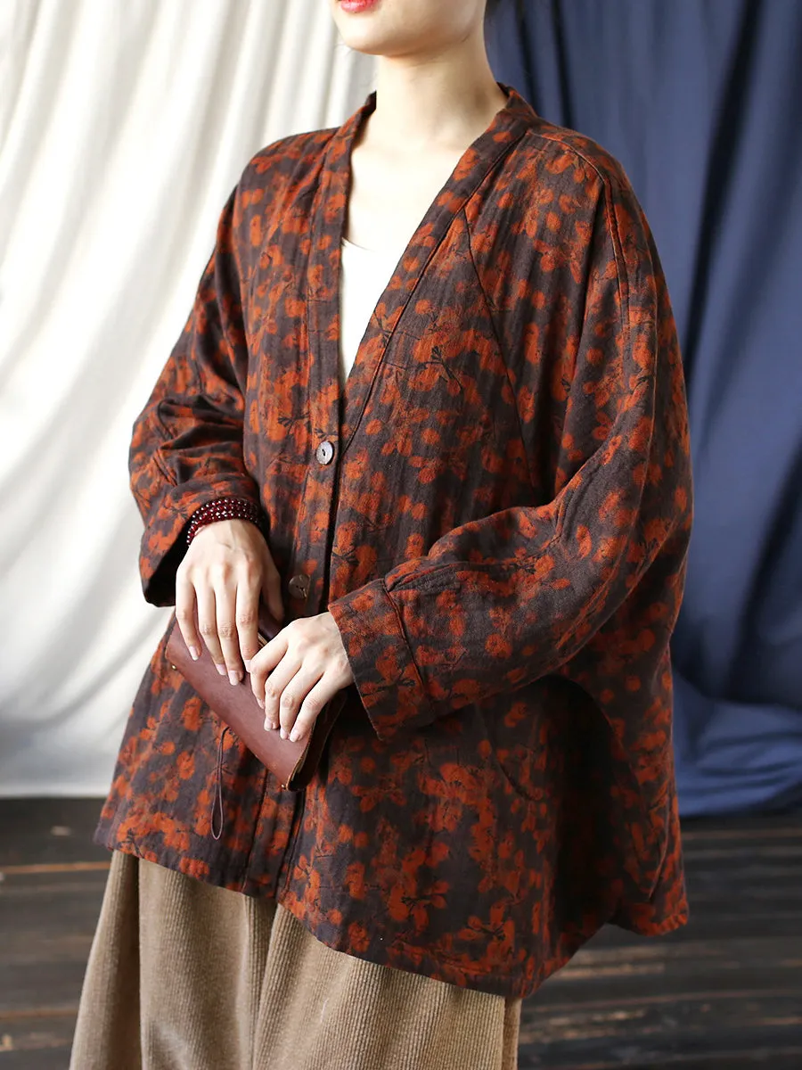 Women Vintage Floral Loose Batwing Sleece Jacket