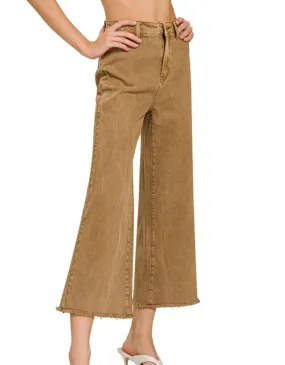Zenana Kenzie Acid Washed Cropped Pants Denim/Jeans-Flared, Frayed Hem-Deep Camel